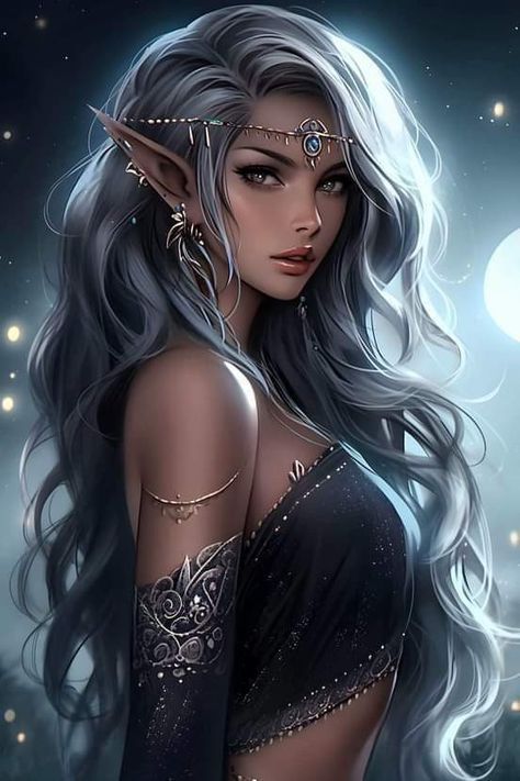Red haired elf woman. Golden green eyes. Full moon. skin with blue highlights. with white dress