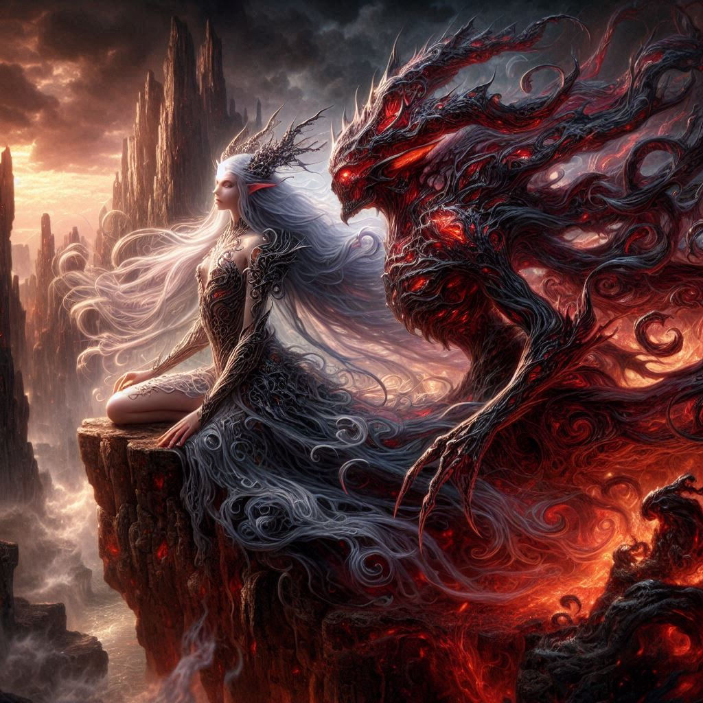 Ethereal Female elven demon, order and chaos, cliff edge, hellish gothic castle, flowing hair, elegant armor, light and dark elements, red g...