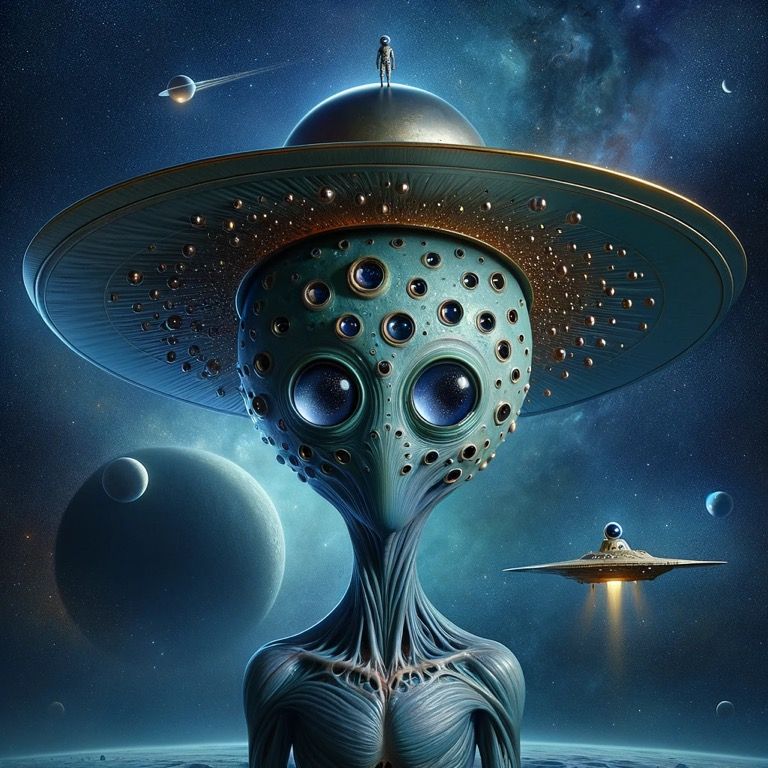 Create an image of a surreal extraterrestrial being with a large, rounded head that resembles the moon with craters. It wears a wide-brimmed...