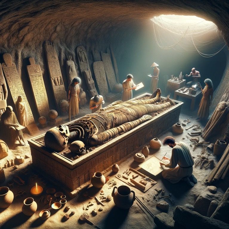"Create an image depicting an archaeological excavation in an ancient, subterranean tomb. The scene is illuminated by the soft, natural ligh...