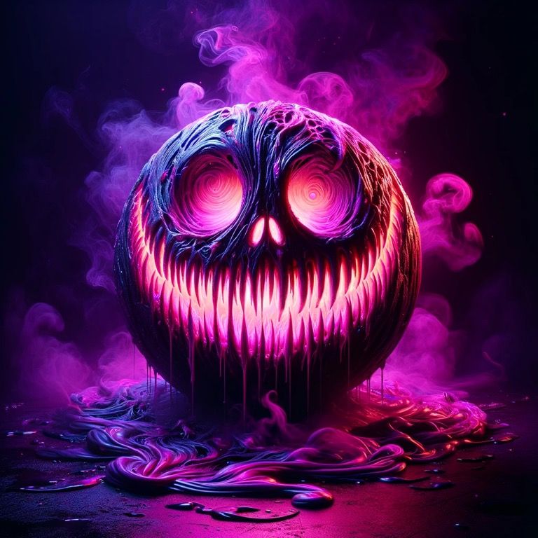 Imagine a surreal scene with a neon, glowing smiley face. The smile is wide and eerie, carved into a spherical object that resembles a melon...