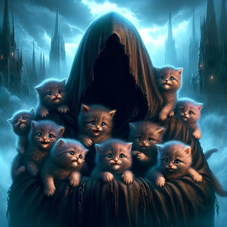 Create an image of a malevolent, cloaked figure whose very form seems to be made of darkness and twisting roots. The entity stands in a deso...