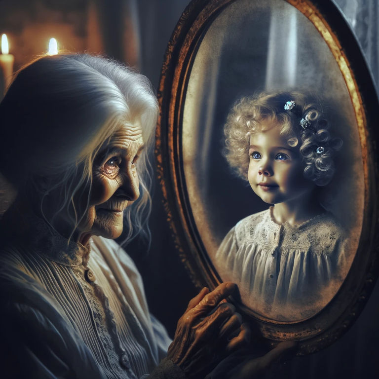 Create an image of a poignant moment featuring an elderly woman with deep wrinkles and white hair styled in a bun, gazing into an ornate ova...