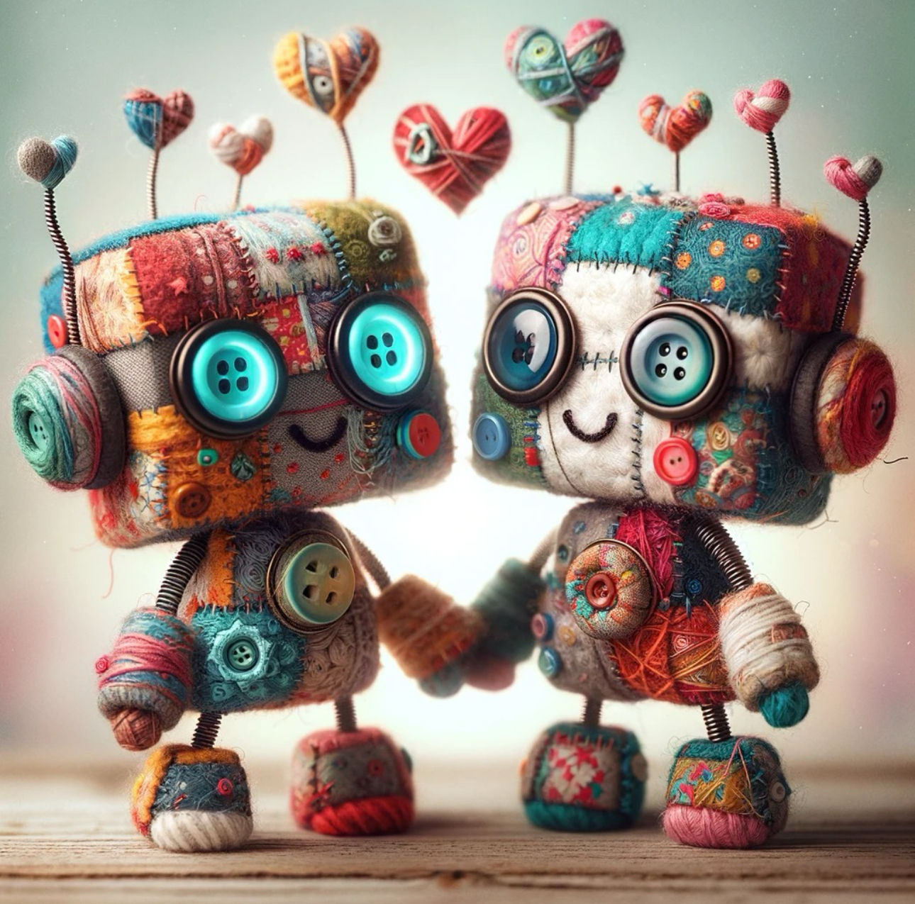 Patchwork yarn robots in love, tiktok love poses