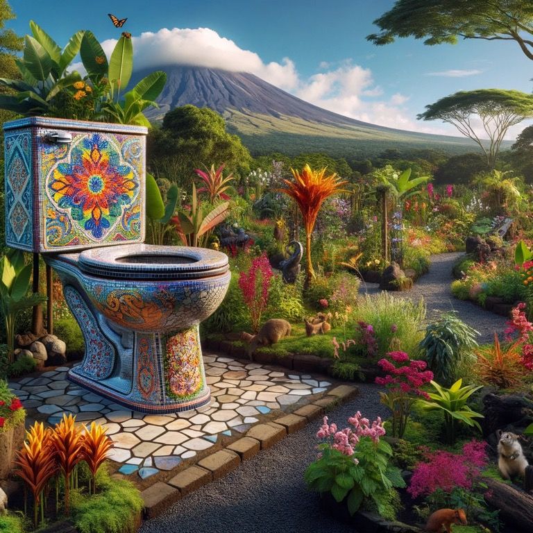 In a lush, verdant conservatory, a whimsically designed toilet has been transformed into a planter. This upcycled piece is adorned with colo...