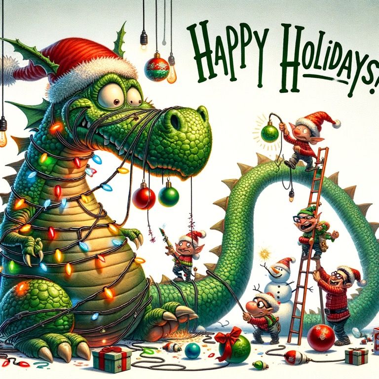 Envision a festive and creative holiday card illustration. In the center, a majestic, dragon-like creature stands tall, its scales a rich ta...