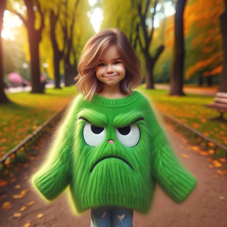 The prompt was to create an image of a small young woman with a playful and cheerful demeanor, standing in an autumn park. She is wearing an...