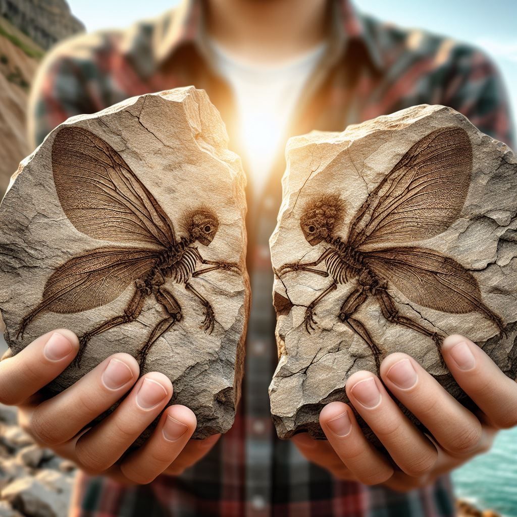 Create a detailed image of a person holding two halves of a rock, each half containing the fossil impression of a fairy-like creature with d...