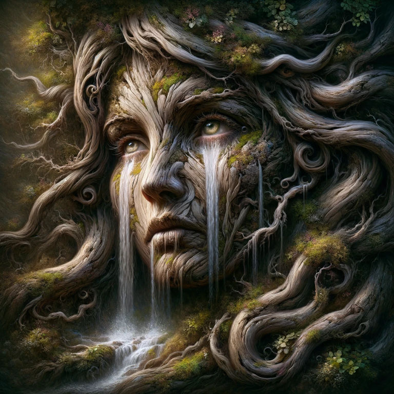 Visualize an evocative and dramatic representation of Mother Nature as an animate embodiment. Her visage is sculpted from the vibrant textur...