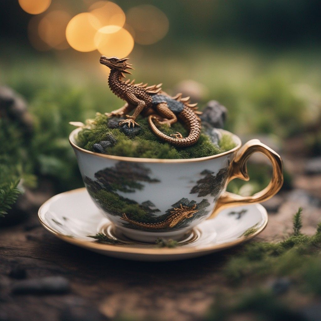 Village and dragons colourful in a teacup 