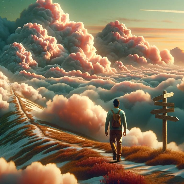 Create an image of a solitary individual on a surreal journey, walking along a path that ascends through a vast landscape of oversized, fluf...