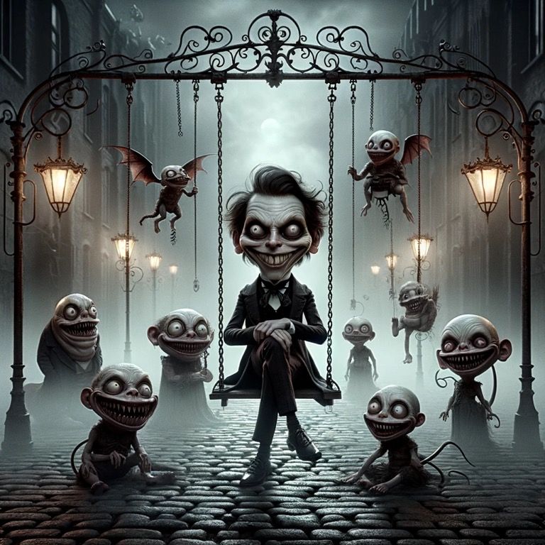 Create an image of a gothic scene featuring a character with exaggerated, caricature-like features, reminiscent of a dark fairytale. The cen...