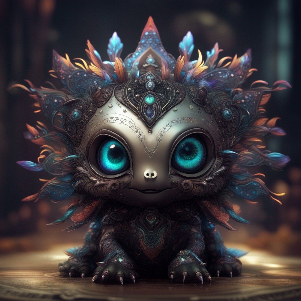 Adorable chibified fluffy blacklotus creature:: big shiny prismatic hues eyes:: fantasycore:: intricately detailed:: elaborate:: ornate:: co...