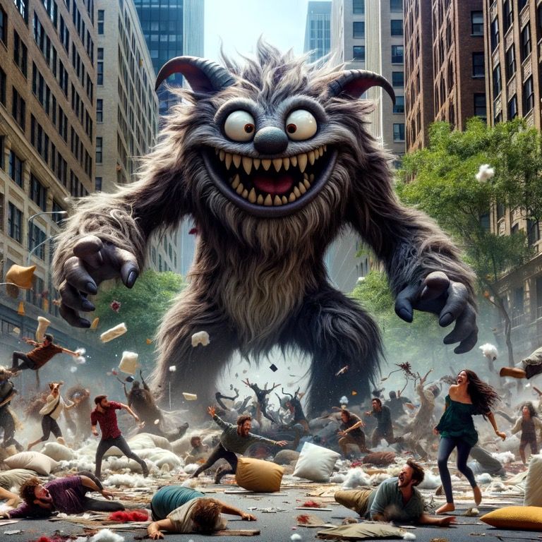 Create an image of a giant, cartoonish, and mischievous creature causing chaos in the middle of a city street. The creature resembles a cros...