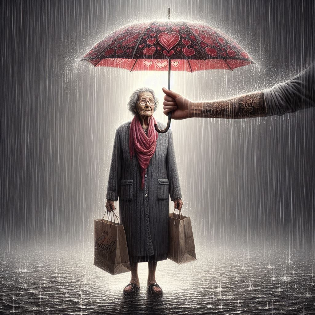 This artwork portrays an elderly woman standing in the rain, holding two shopping bags. A hand from above offers her protection with a red u...