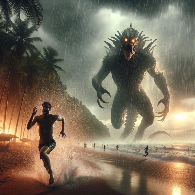 Create an intense and dynamic image of a tropical beach scene turned chaotic by the sudden appearance of a gigantic, mythical sea creature e...