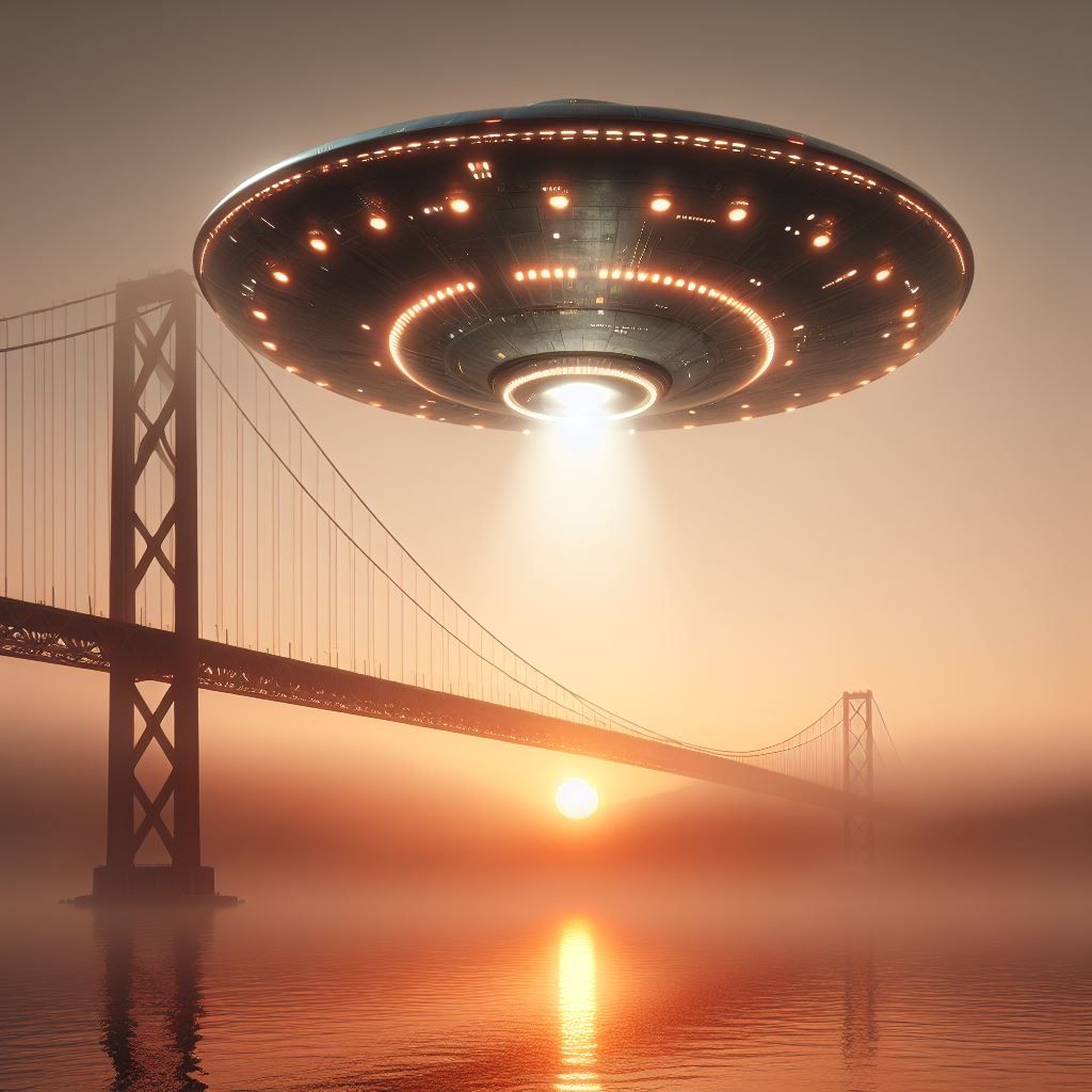 Create an image of a classic flying saucer UFO with a metallic surface and visible lights, hovering over a large suspension bridge during su...