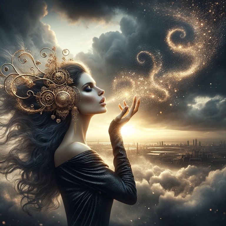 Create an image of a woman with long flowing hair standing against a backdrop of a dramatic sky filled with fluffy clouds She is wearing a d...