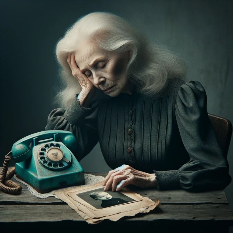 Create an image of an elderly woman with long white hair, wearing a dark gray blouse, sitting at a wooden table with a vintage turquoise rot...