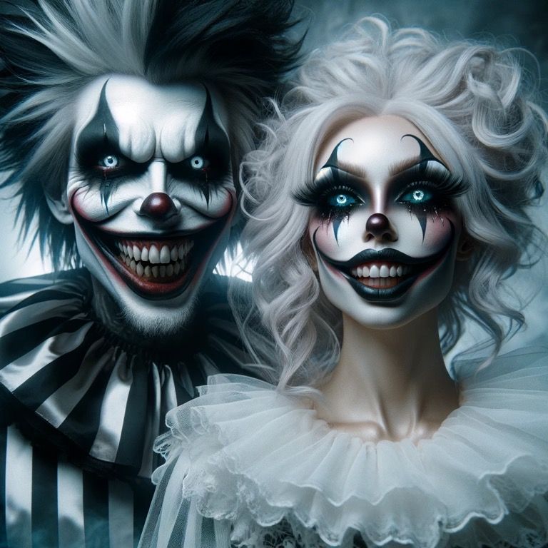Generate an image of a male and a female clown with dramatic and expressive facial makeup. The male clown has wild black hair and a broad, s...