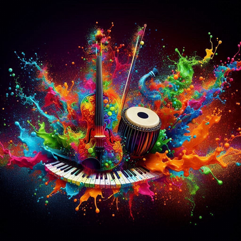 Colorful ink splashes that squirt color into the shape of an Egyptian violin, piano, and darbuka. They consist of splashes and splashes of p...