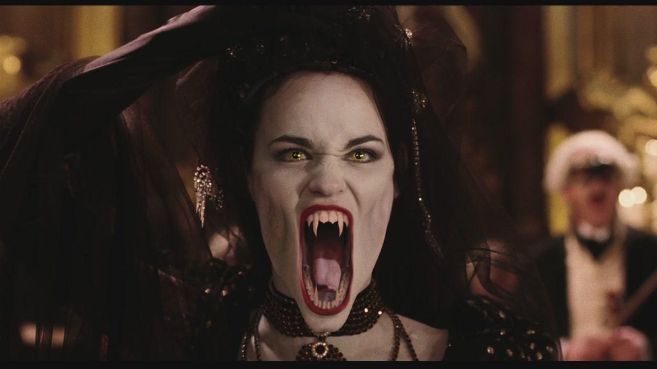 Barbie as a vampire hissing with sharp fangs