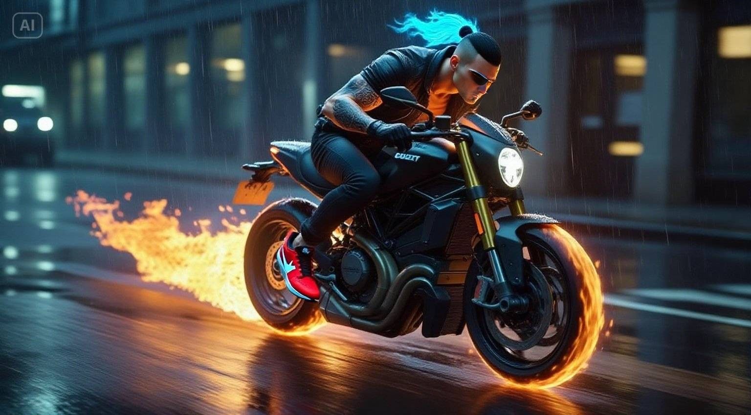 Daniel, clad in futuristic armor, stands atop a towering skyscraper overlooking a sprawling cyberpunk cityscape. Rain st...