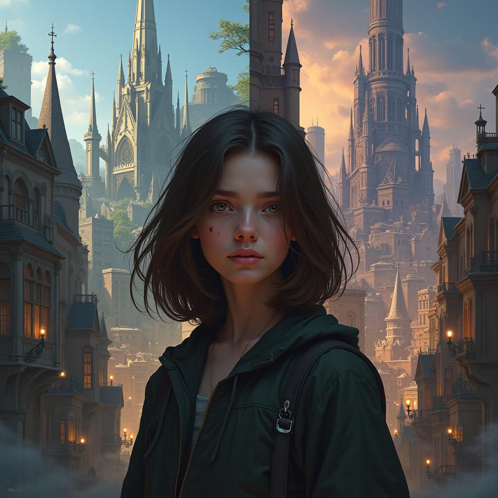 Caucasian teenage girl with shoulder-length brown hair and a red birthmark covering her right 
 standing in front of a futuristic city 