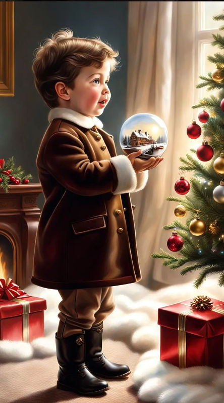 A small boy, holding a snowglobe, standing by the tree