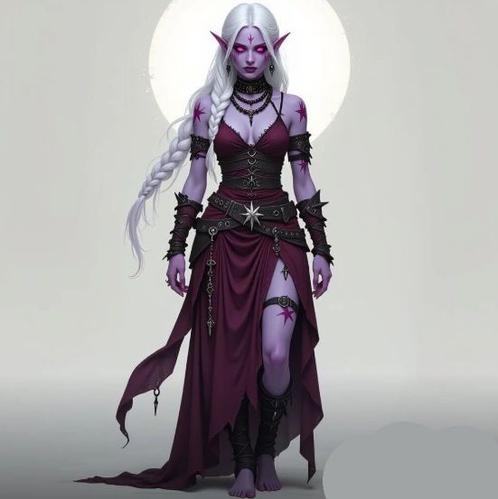 drow warlock woman, Pallid lavender skin, White long hair in a loose braid, Pale pink eyes, a star shaped scar on the back of her hand and o...