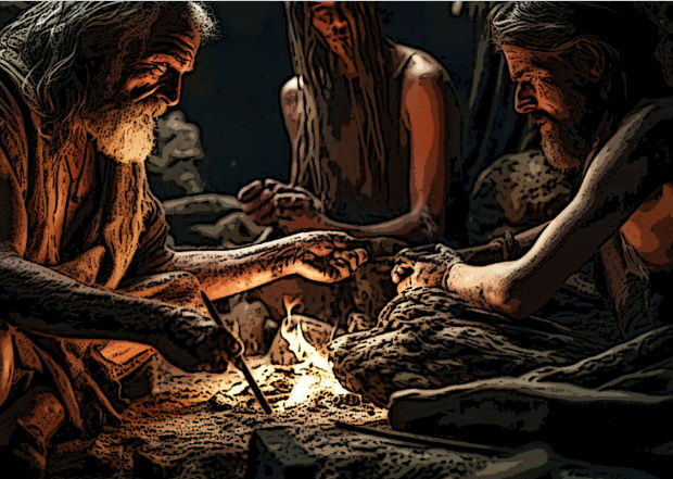 tribal hunter gatherers sitting around a fire 
