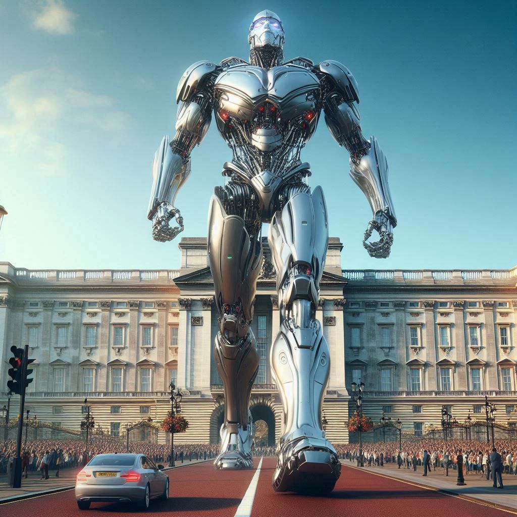 Show super cyborg in front of buckingham palace