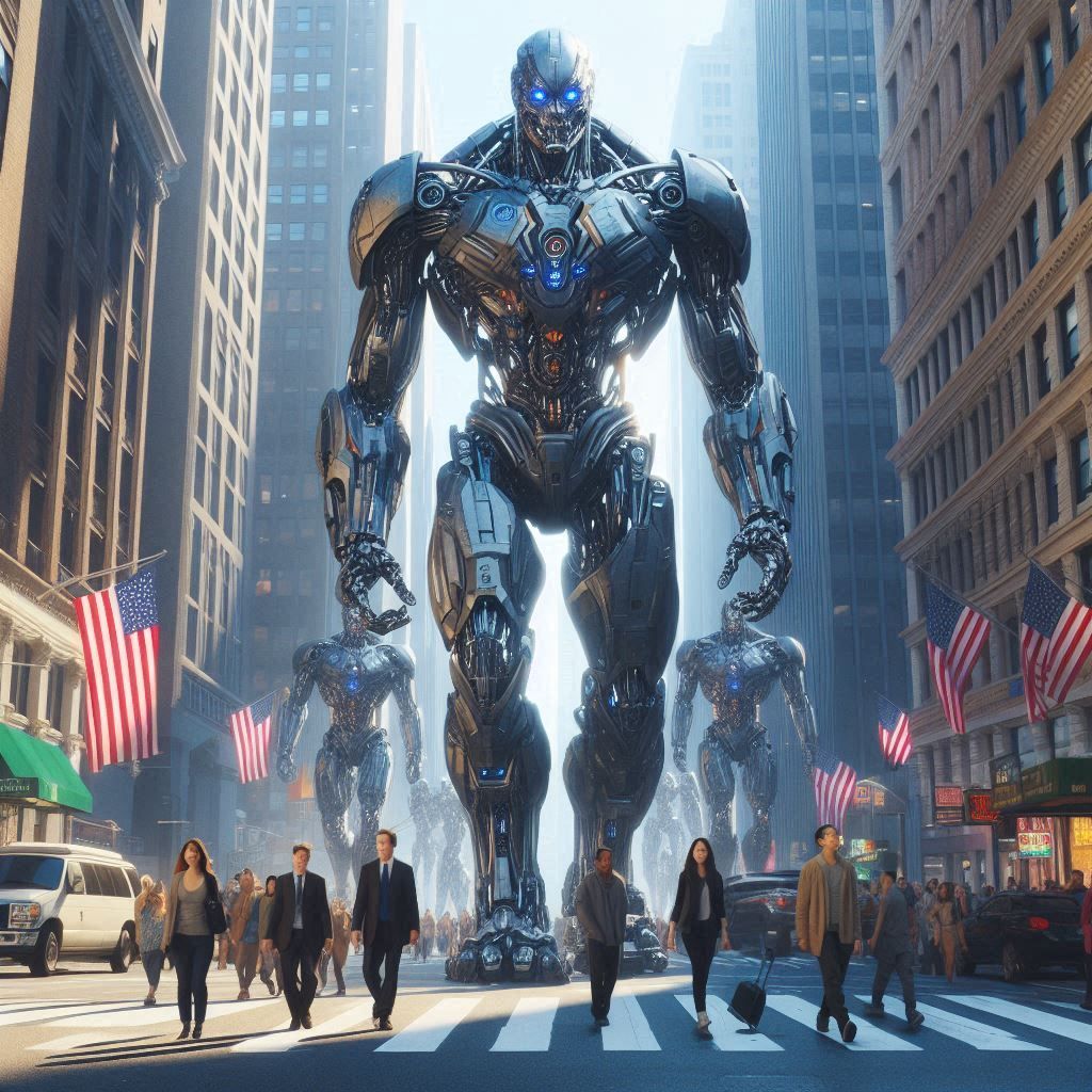 Show photorealism a realistic 100ft tall supercyborg walking down the streets of manhattan new york hyper detailed