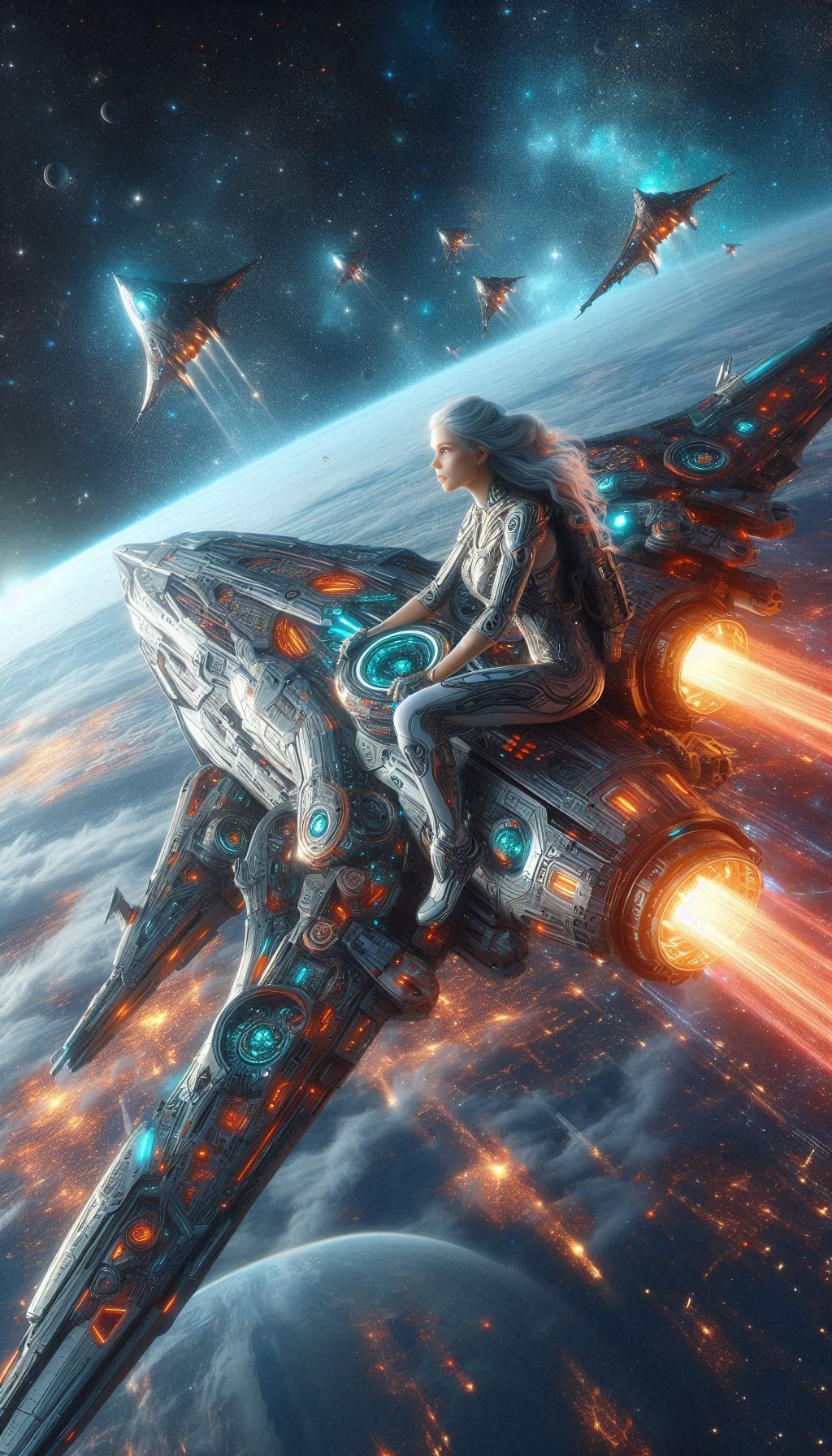 Woman riding a spaceship in outerspace