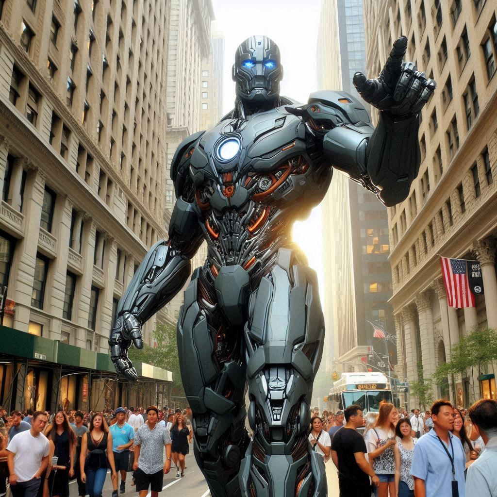 Show photorealism a realistic 100ft tall supercyborg walking down the streets of manhattan new york hyper detailed