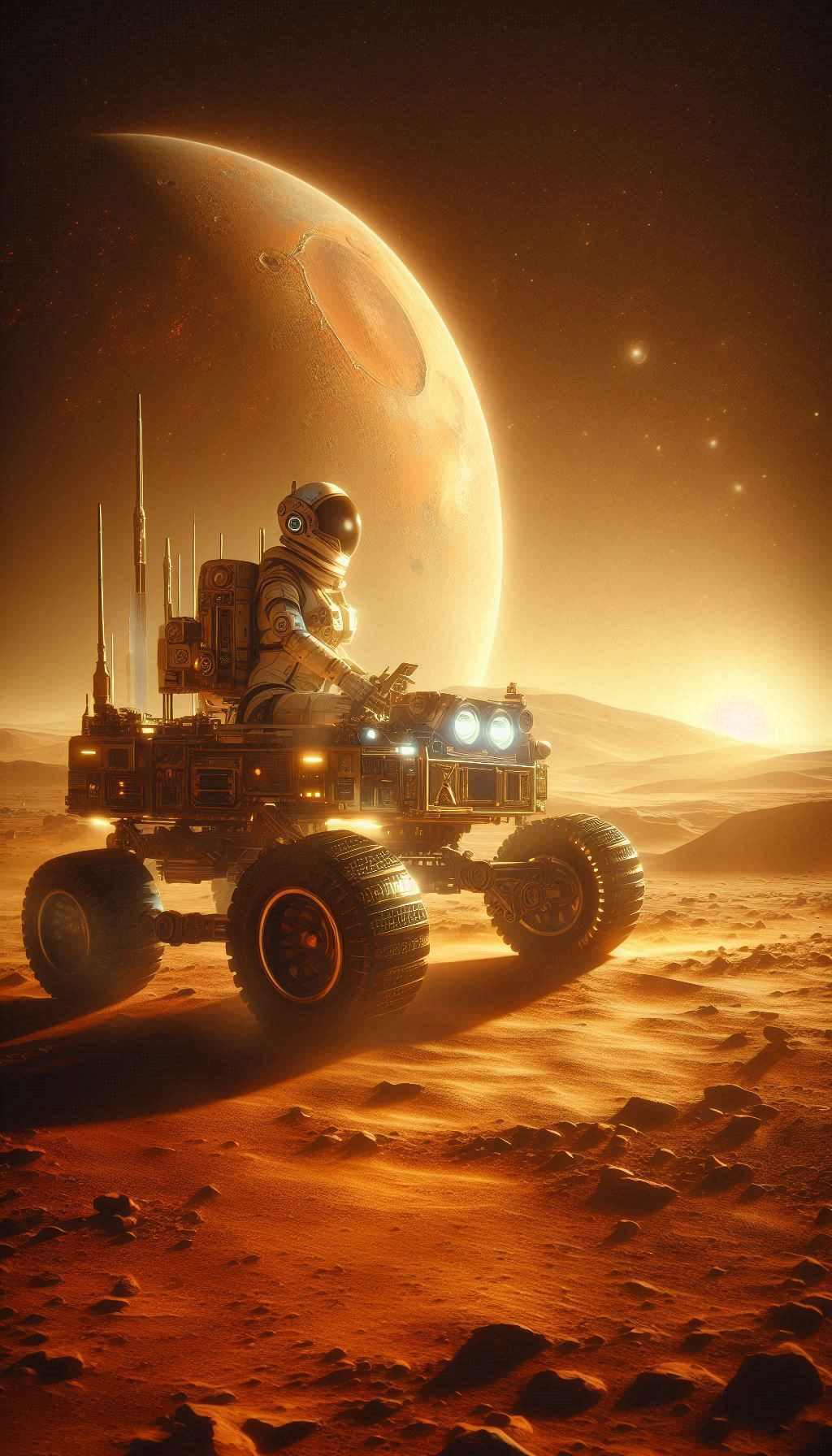 Female astronaut riding the mars rover on the moon detailed matte painting, deep color, fantastical, intricate detail, splash screen, comple...