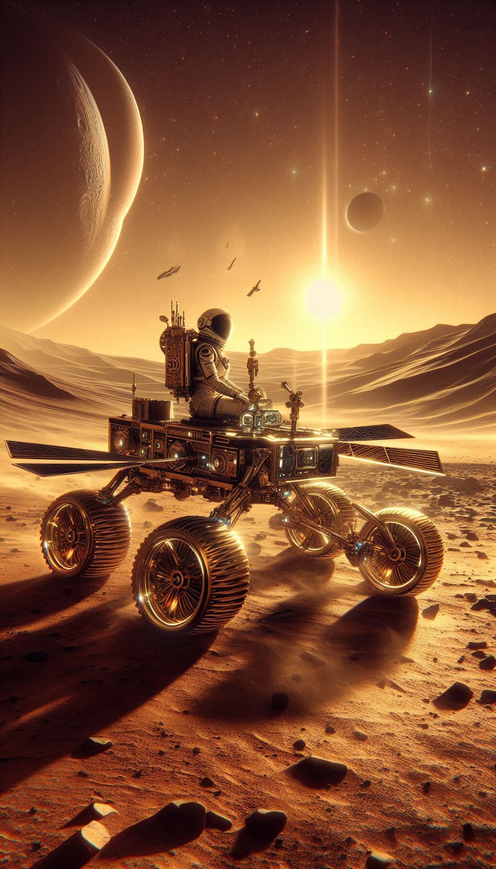 Show photorealism female astronaut riding the mars rover  across the moon