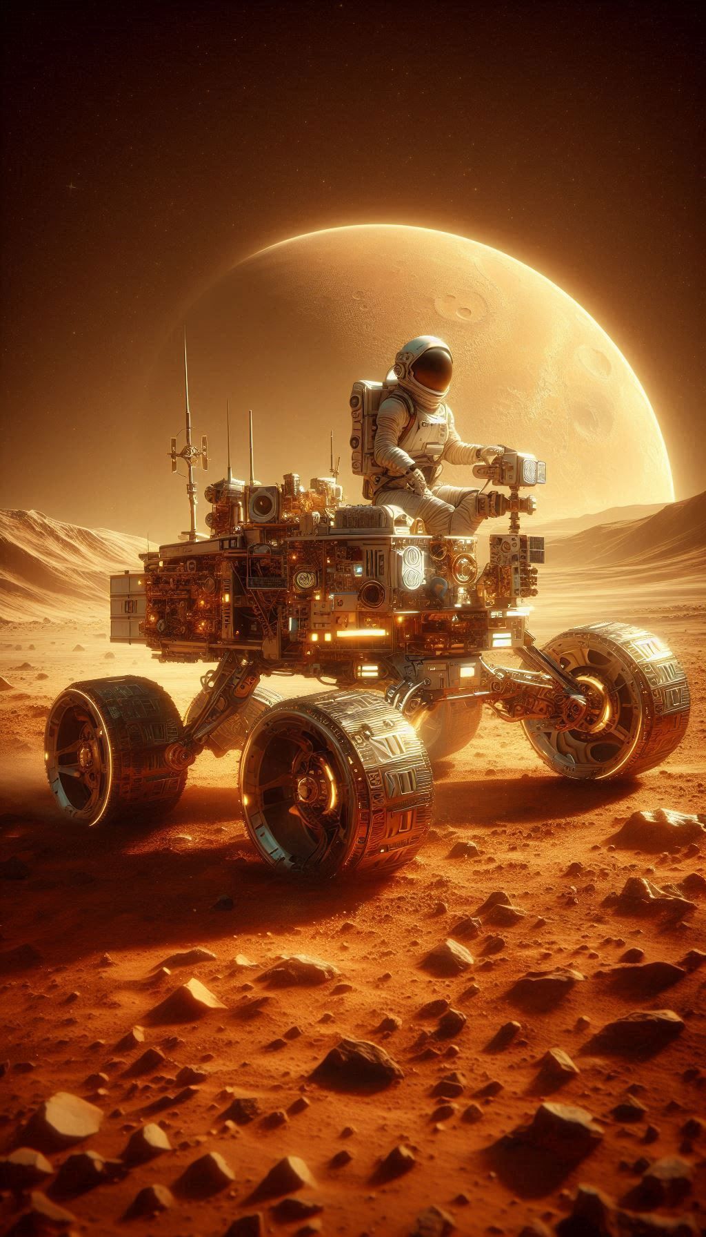 Female astronaut riding mars rover on mars