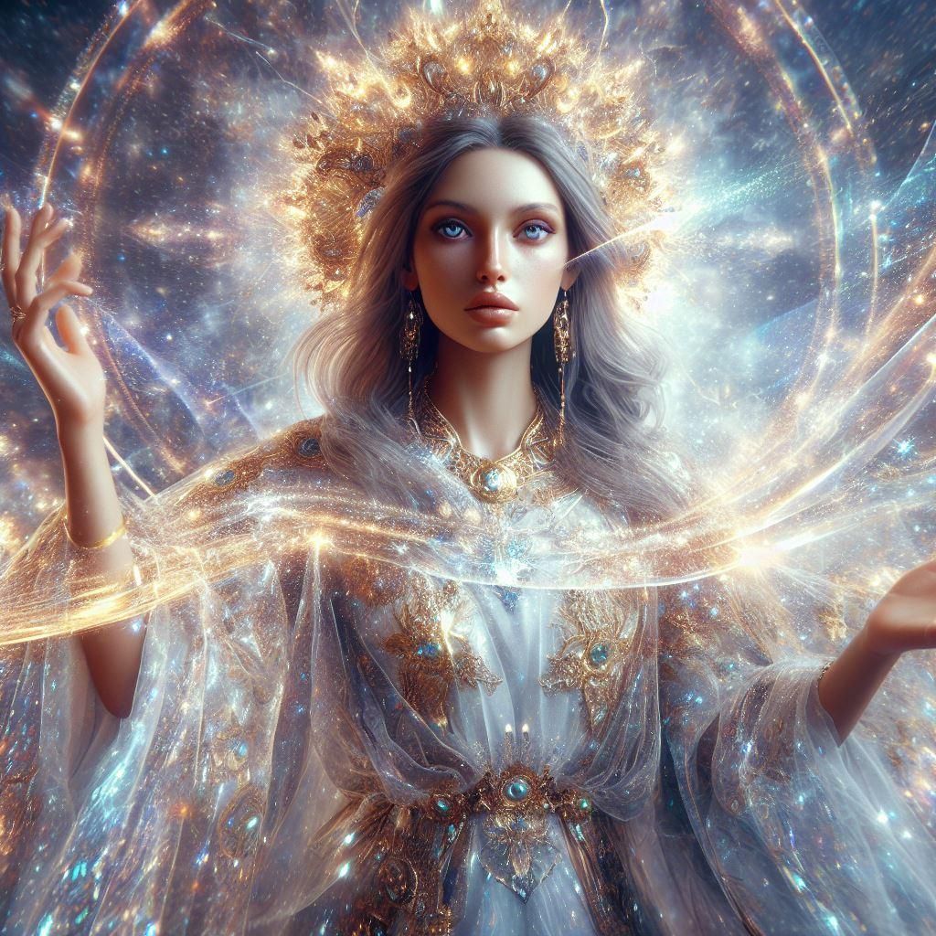 A goddess with stunning flowing black hair with flowers 🌺 in it she has blue eyes a shining light gown made with light fleks of silver 
