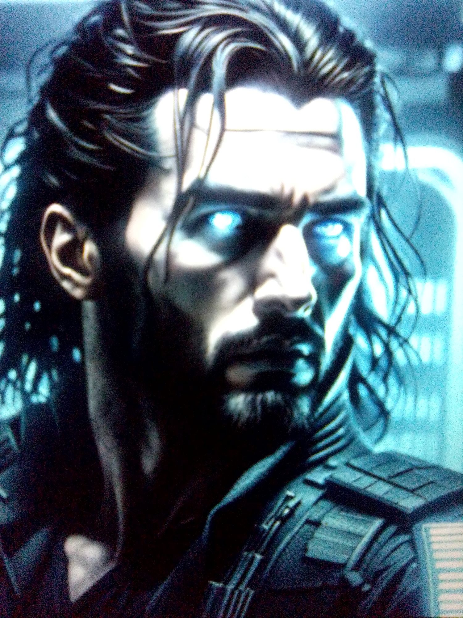 A serious resident evil tactical wolf squad from Chris redfield command this man has brown hair beard stubble,bright golden eyes,  smug smil...