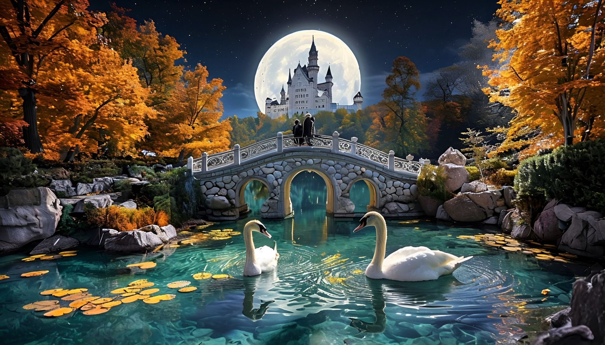 A bridge with a twisted and cast-iron fence spans a quiet pond flooded with the warm light of the full moon. A pair of lovers on the nosta a...