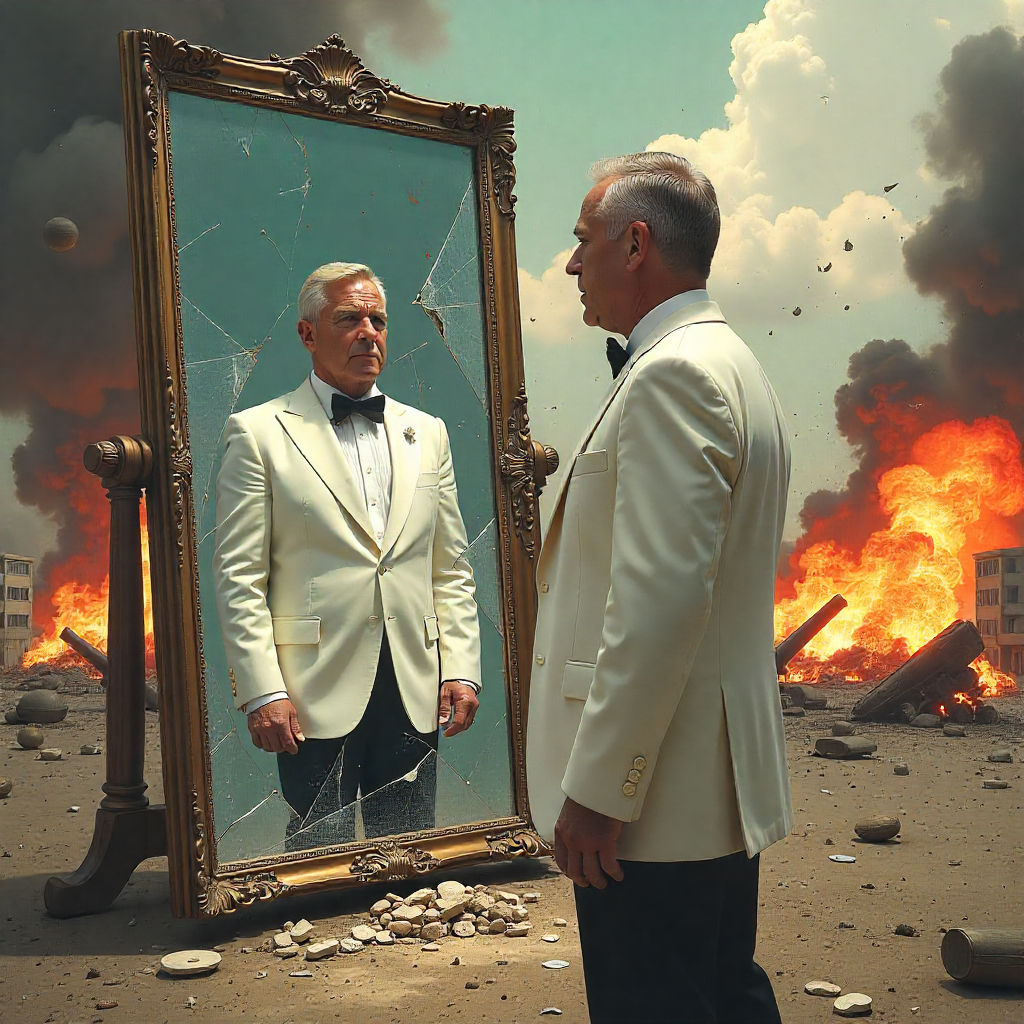 Use the existing image as a base. A handsome old man dressed in a narcissistic white suit looks into the mirror. In the mirror, change him t...