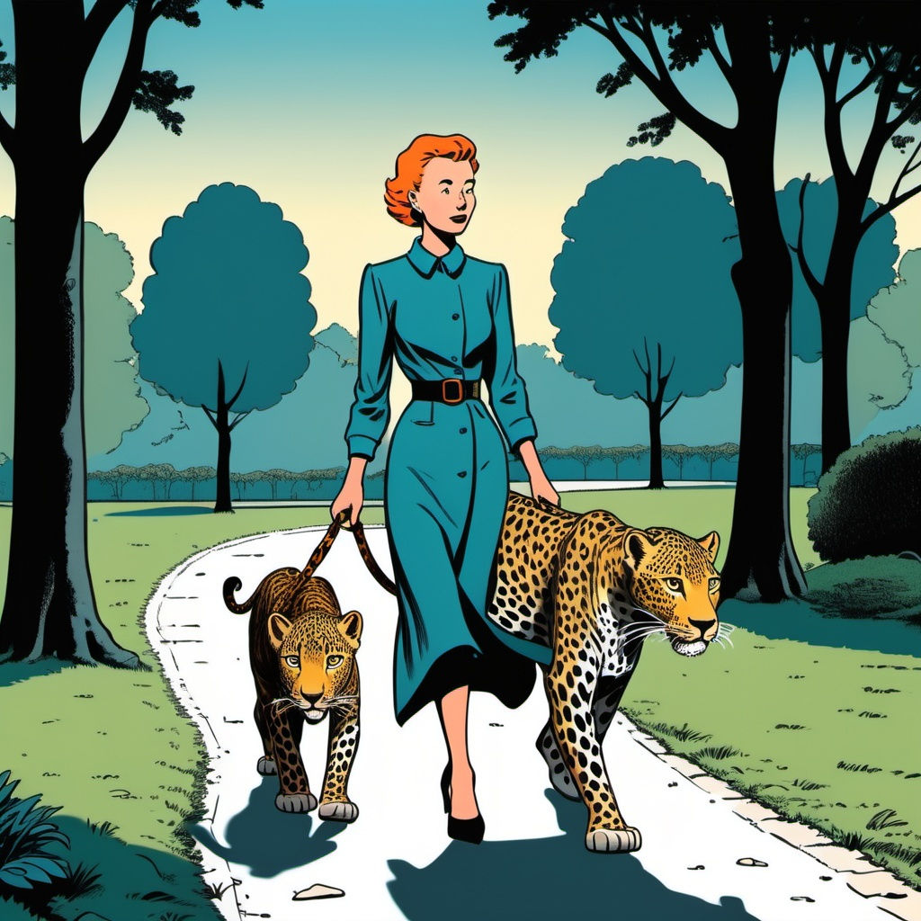 Woman walking leopards in the park.