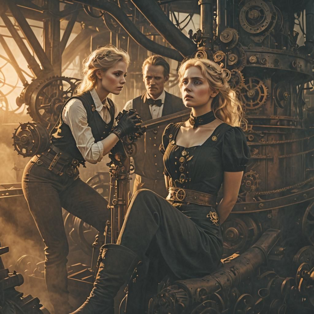 A Steampunk scene in which a captured woman is being transformed into a fully mechanical being