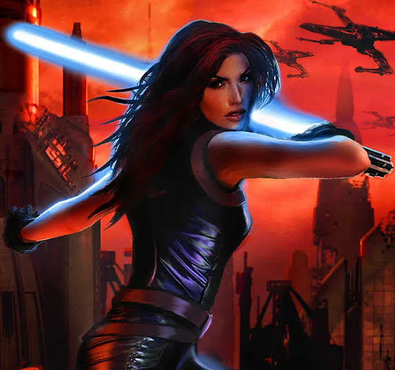 The beautiful Mara Jade Skywalker, her sheer presence strong, calm and focused, as.she takes a swing with her Blue lightsaber, cinematic, ph...