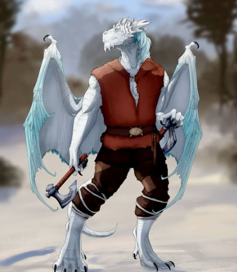 Winged Dragonborn with snow-white scaly silver skin, wearing light monk clothing and wearing an amulet around his neck.