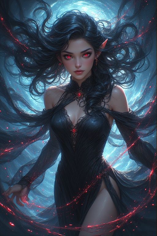 Anime-realism, ultra-detailed fantasy portrait of an unforgettable, goddess-like elven blood mage. Long flowing inky black hair drifting wei...