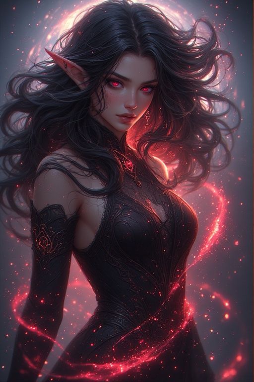 Anime-realism, ultra-detailed fantasy portrait of an unforgettable, goddess-like elven blood mage. Long flowing inky black hair drifting wei...