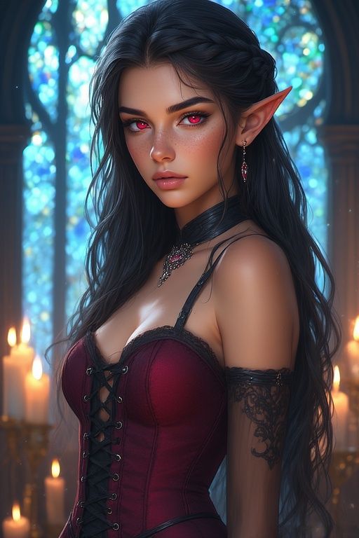 An impossibly beautiful elven woman with delicately tapered vertical elf ears, long flowing midnight-black hair, subtle ...