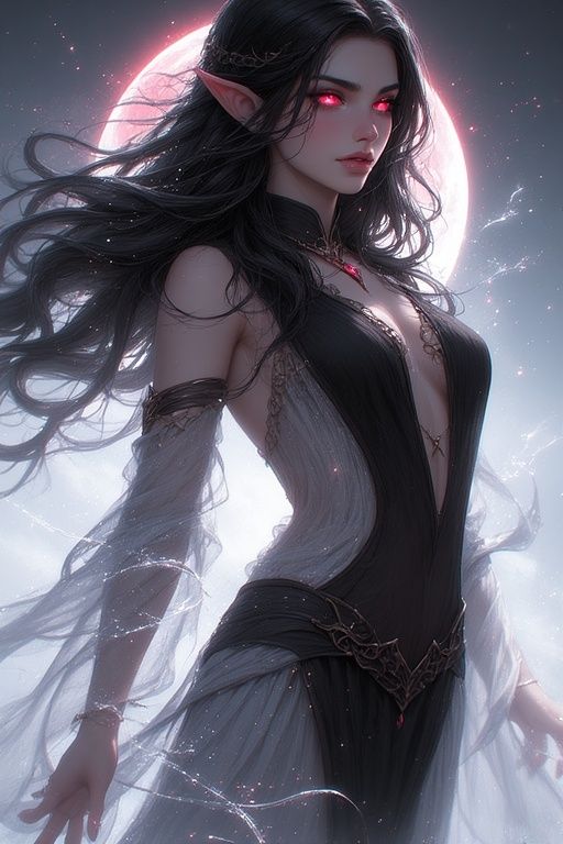 Anime-realism, ultra-detailed fantasy portrait of an unforgettable, goddess-like elven blood mage. Long flowing inky bla...